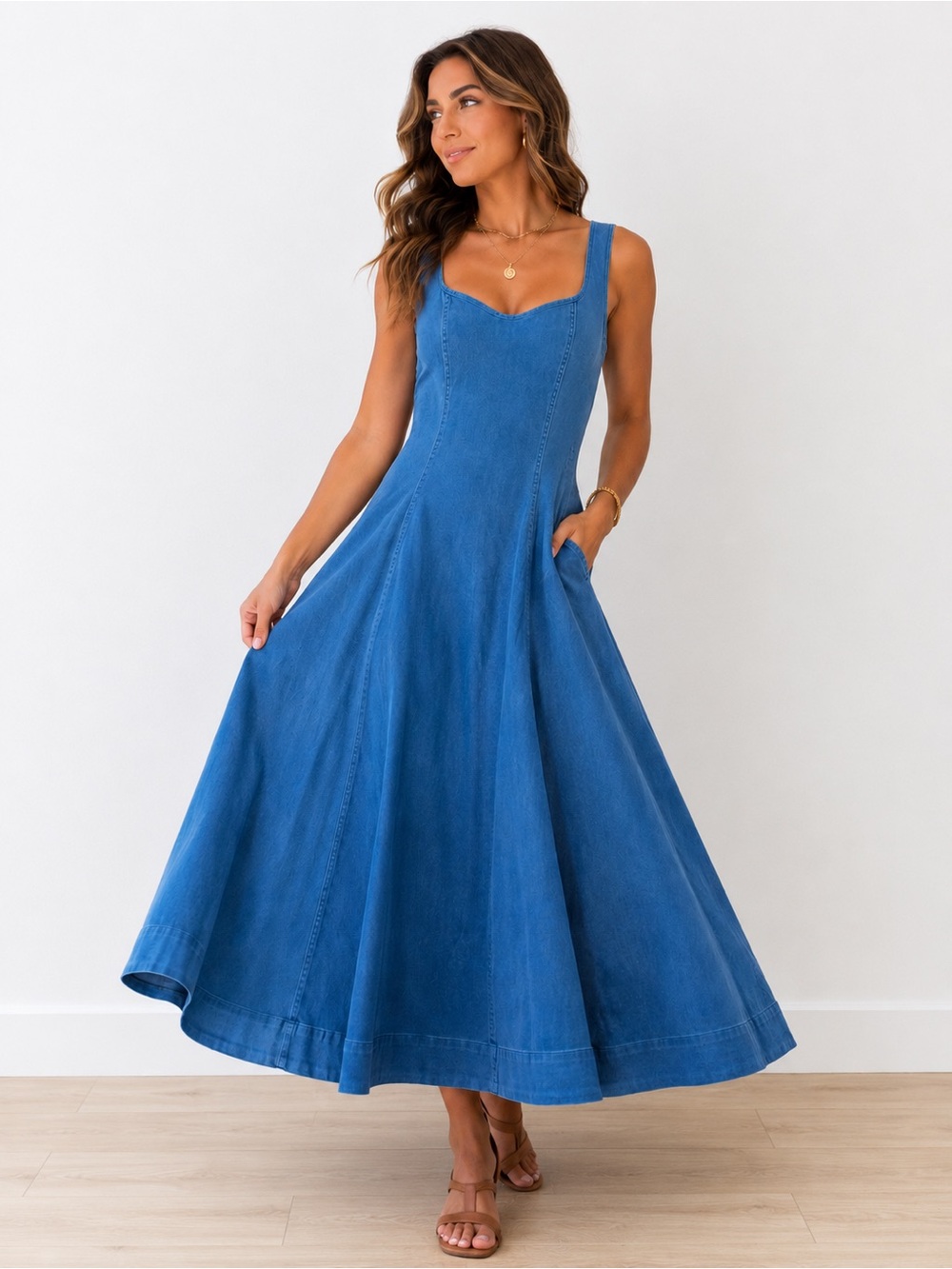 Nicole Miller Blue Soft Denim Maxi Dress Buckle Straps Vintage Wash NWT Size 12